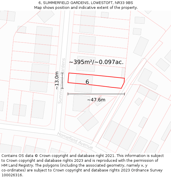 6, SUMMERFIELD GARDENS, LOWESTOFT, NR33 9BS: Plot and title map