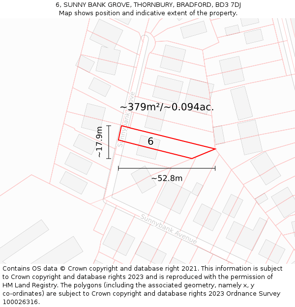 6, SUNNY BANK GROVE, THORNBURY, BRADFORD, BD3 7DJ: Plot and title map