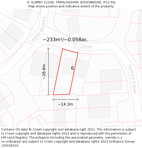 6, SURREY CLOSE, FRAMLINGHAM, WOODBRIDGE, IP13 9SJ: Plot and title map