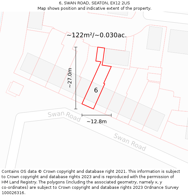 6, SWAN ROAD, SEATON, EX12 2US: Plot and title map