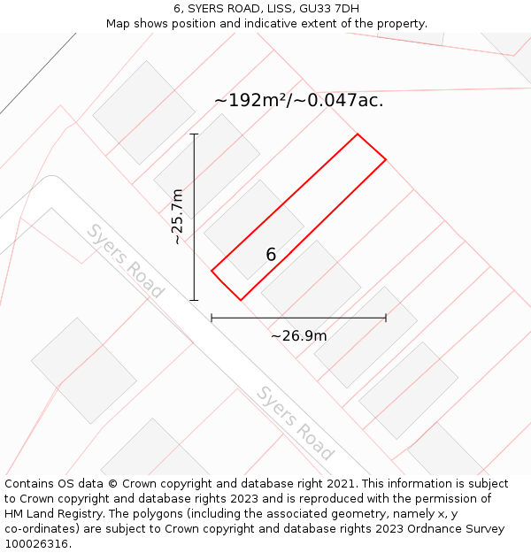 6, SYERS ROAD, LISS, GU33 7DH: Plot and title map