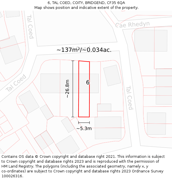 6, TAL COED, COITY, BRIDGEND, CF35 6QA: Plot and title map