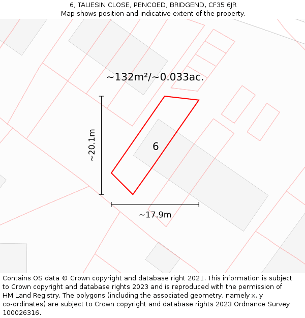 6, TALIESIN CLOSE, PENCOED, BRIDGEND, CF35 6JR: Plot and title map