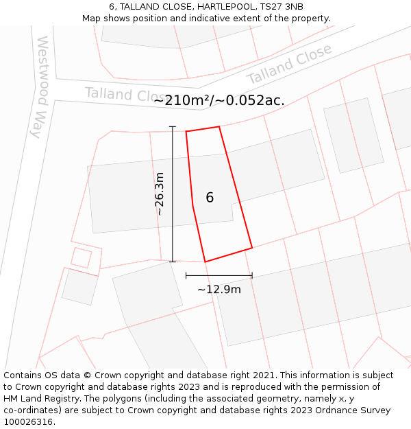 6, TALLAND CLOSE, HARTLEPOOL, TS27 3NB: Plot and title map