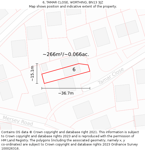 6, TAMAR CLOSE, WORTHING, BN13 3JZ: Plot and title map