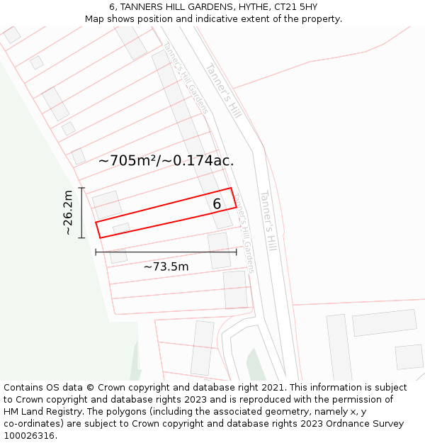 6, TANNERS HILL GARDENS, HYTHE, CT21 5HY: Plot and title map