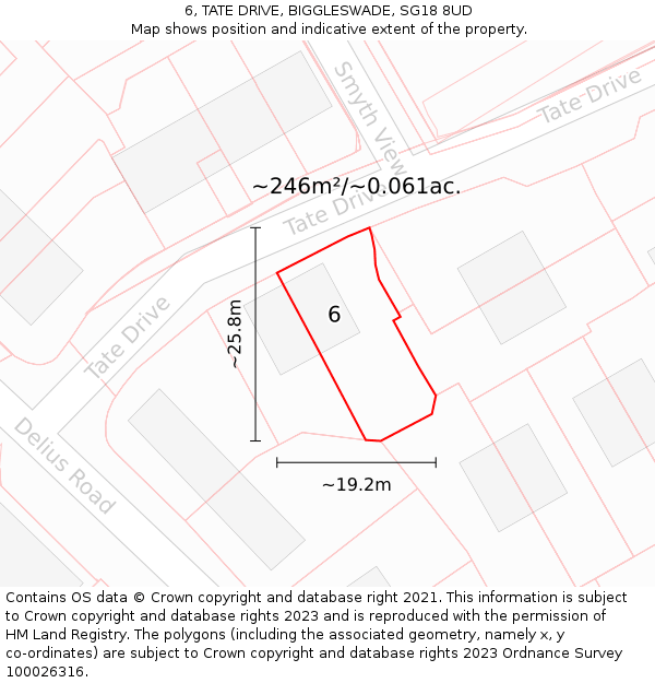 6, TATE DRIVE, BIGGLESWADE, SG18 8UD: Plot and title map