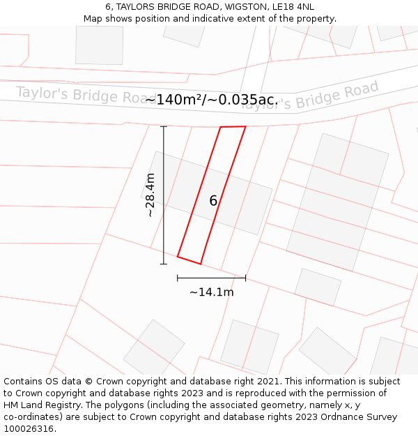 6, TAYLORS BRIDGE ROAD, WIGSTON, LE18 4NL: Plot and title map