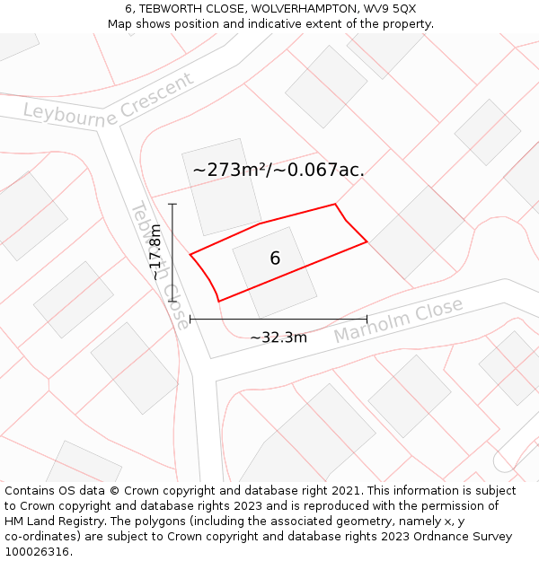 6, TEBWORTH CLOSE, WOLVERHAMPTON, WV9 5QX: Plot and title map