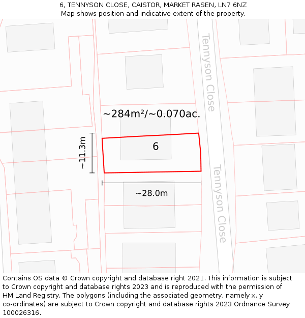 6, TENNYSON CLOSE, CAISTOR, MARKET RASEN, LN7 6NZ: Plot and title map