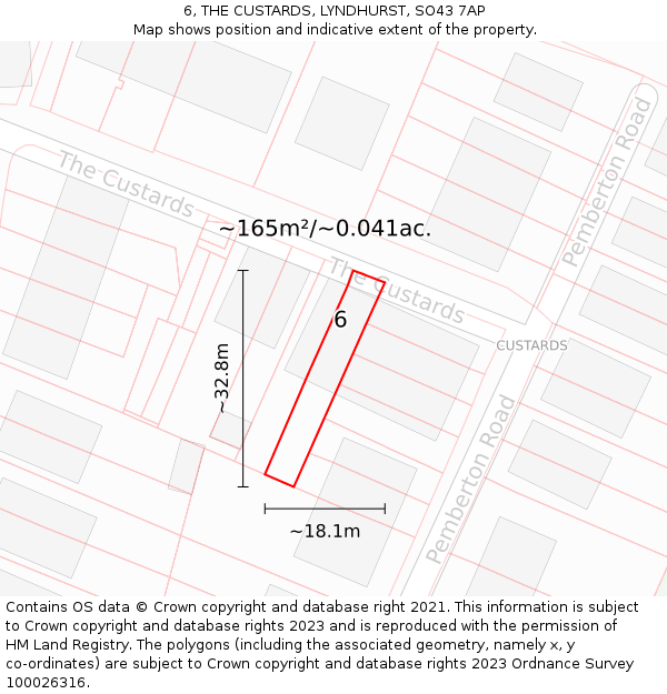 6, THE CUSTARDS, LYNDHURST, SO43 7AP: Plot and title map