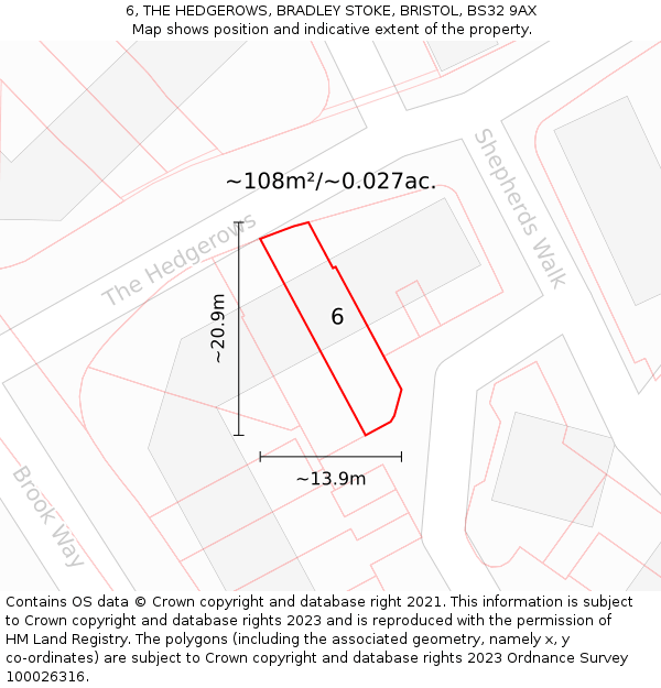 6, THE HEDGEROWS, BRADLEY STOKE, BRISTOL, BS32 9AX: Plot and title map