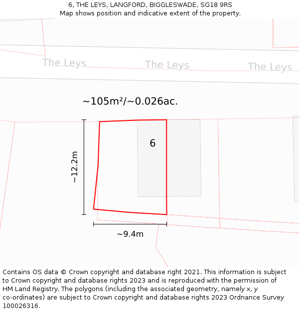 6, THE LEYS, LANGFORD, BIGGLESWADE, SG18 9RS: Plot and title map