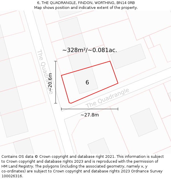 6, THE QUADRANGLE, FINDON, WORTHING, BN14 0RB: Plot and title map