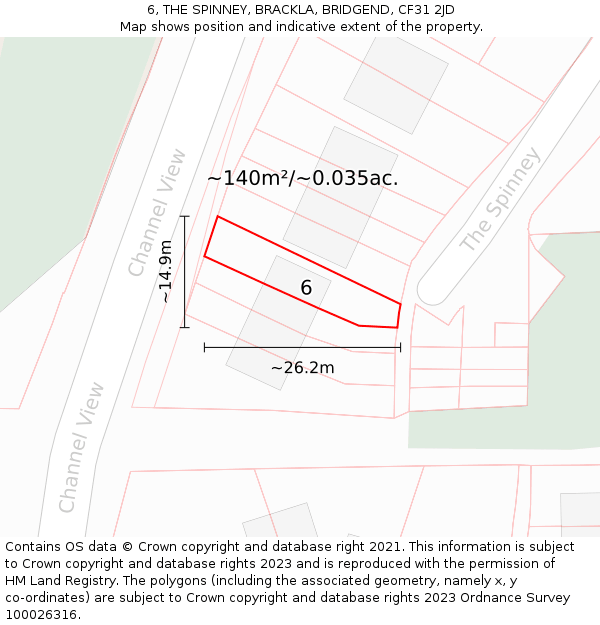6, THE SPINNEY, BRACKLA, BRIDGEND, CF31 2JD: Plot and title map