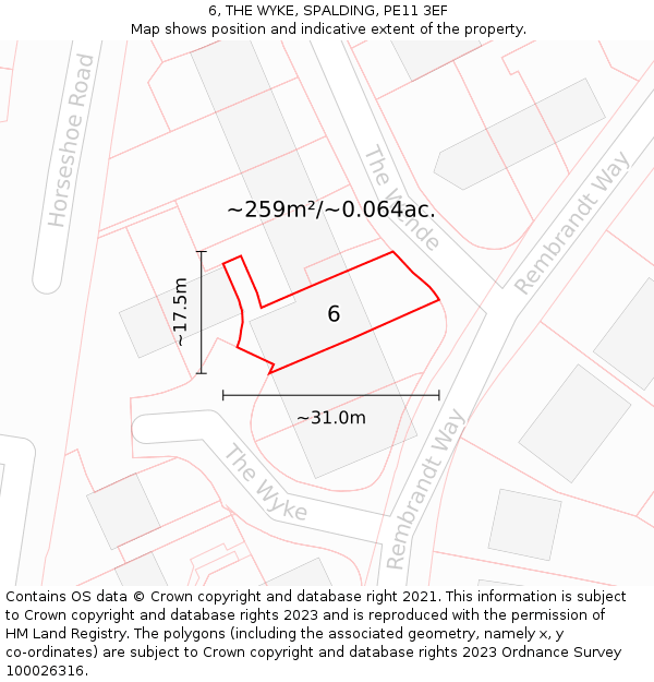 6, THE WYKE, SPALDING, PE11 3EF: Plot and title map