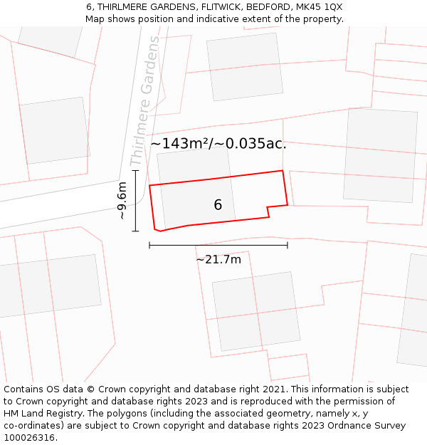 6, THIRLMERE GARDENS, FLITWICK, BEDFORD, MK45 1QX: Plot and title map