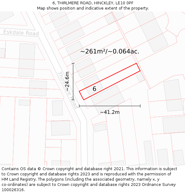 6, THIRLMERE ROAD, HINCKLEY, LE10 0PF: Plot and title map