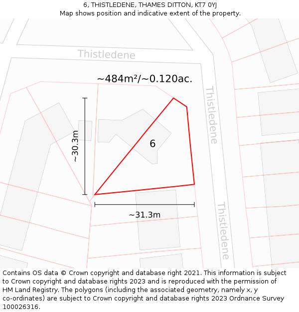 6, THISTLEDENE, THAMES DITTON, KT7 0YJ: Plot and title map