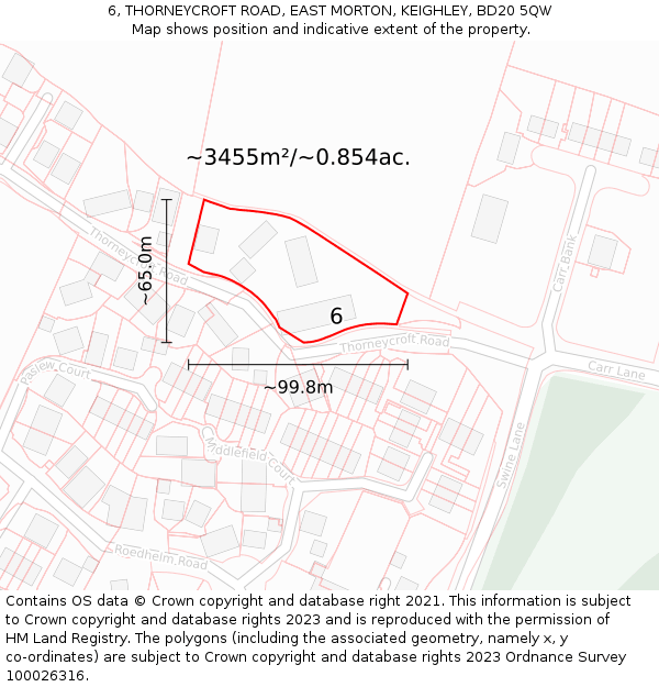 6, THORNEYCROFT ROAD, EAST MORTON, KEIGHLEY, BD20 5QW: Plot and title map