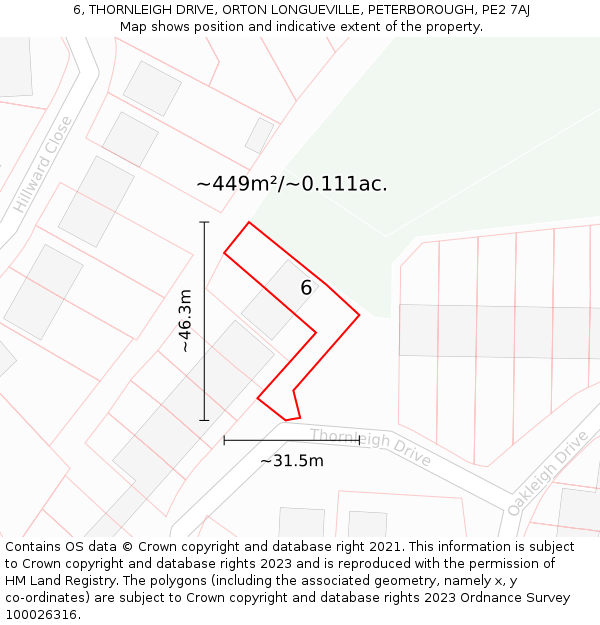 6, THORNLEIGH DRIVE, ORTON LONGUEVILLE, PETERBOROUGH, PE2 7AJ: Plot and title map