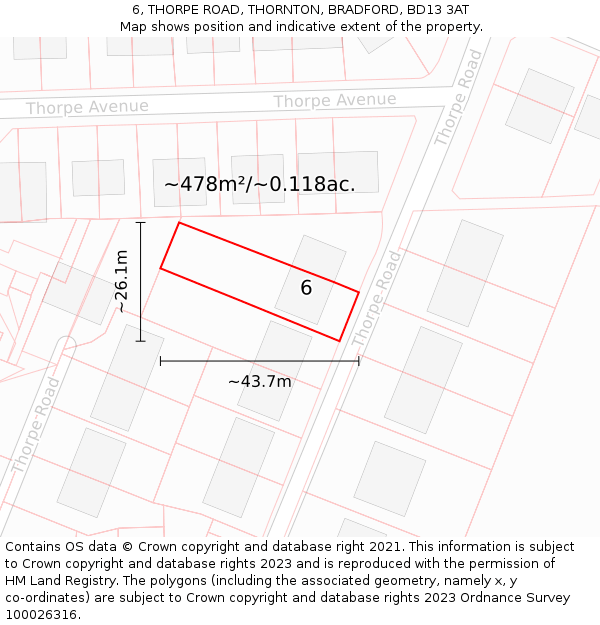6, THORPE ROAD, THORNTON, BRADFORD, BD13 3AT: Plot and title map