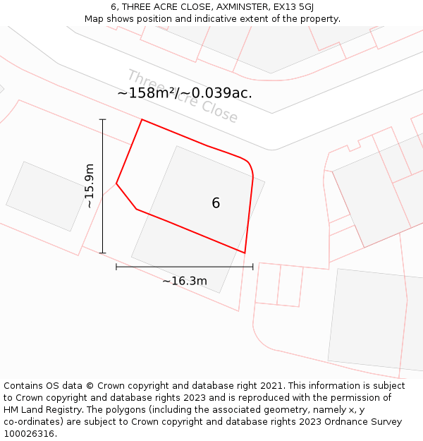 6, THREE ACRE CLOSE, AXMINSTER, EX13 5GJ: Plot and title map