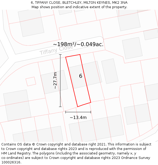 6, TIFFANY CLOSE, BLETCHLEY, MILTON KEYNES, MK2 3NA: Plot and title map