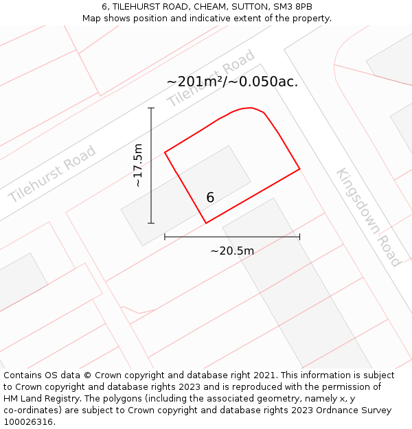 6, TILEHURST ROAD, CHEAM, SUTTON, SM3 8PB: Plot and title map