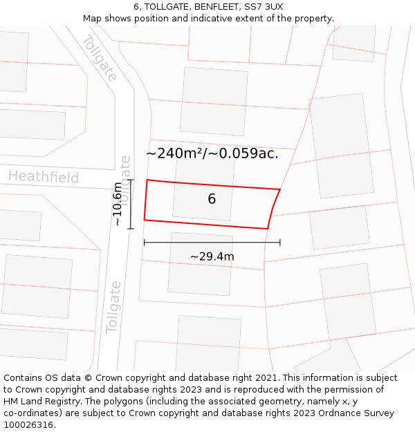 6, TOLLGATE, BENFLEET, SS7 3UX: Plot and title map