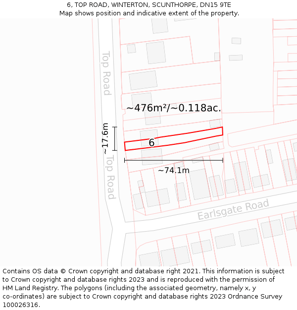 6, TOP ROAD, WINTERTON, SCUNTHORPE, DN15 9TE: Plot and title map