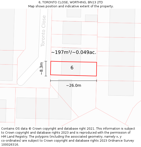 6, TORONTO CLOSE, WORTHING, BN13 2TD: Plot and title map