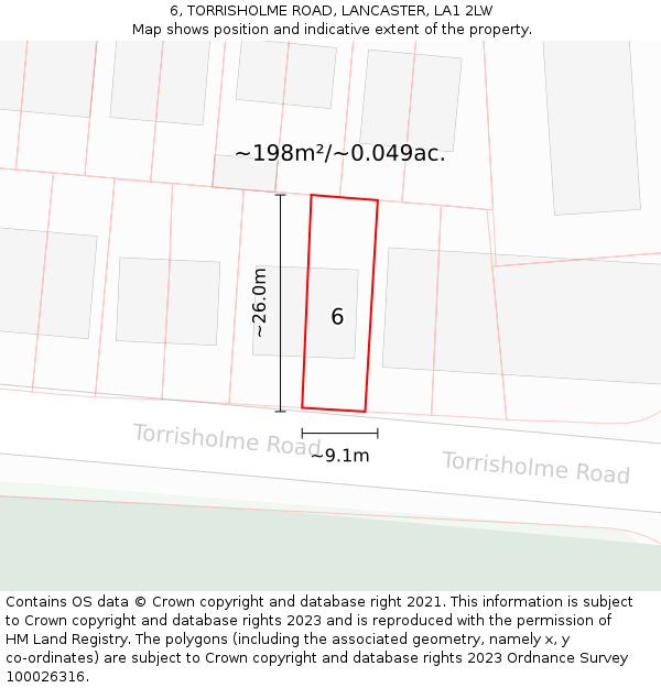 6, TORRISHOLME ROAD, LANCASTER, LA1 2LW: Plot and title map