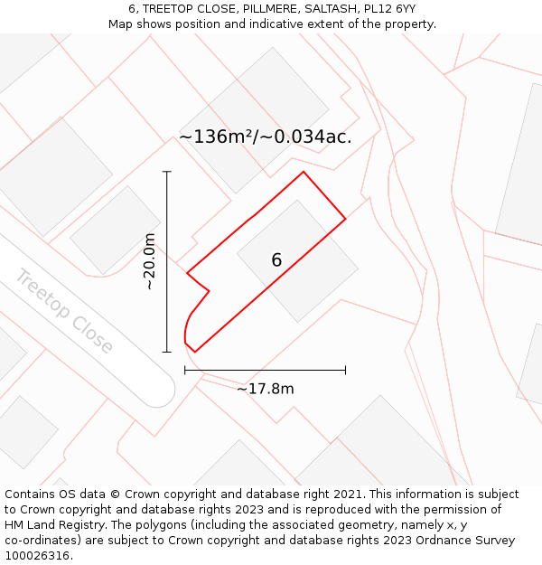 6, TREETOP CLOSE, PILLMERE, SALTASH, PL12 6YY: Plot and title map