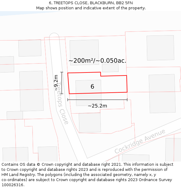 6, TREETOPS CLOSE, BLACKBURN, BB2 5FN: Plot and title map