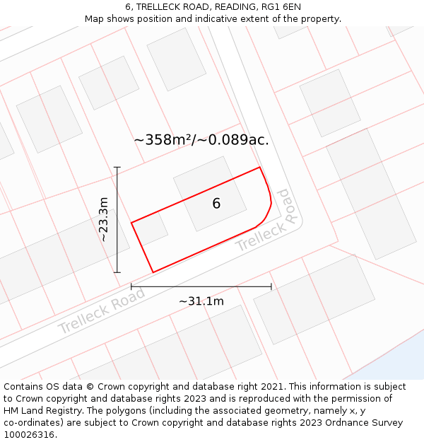 6, TRELLECK ROAD, READING, RG1 6EN: Plot and title map
