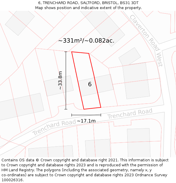 6, TRENCHARD ROAD, SALTFORD, BRISTOL, BS31 3DT: Plot and title map