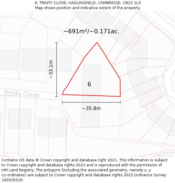 6, TRINITY CLOSE, HASLINGFIELD, CAMBRIDGE, CB23 1LS: Plot and title map