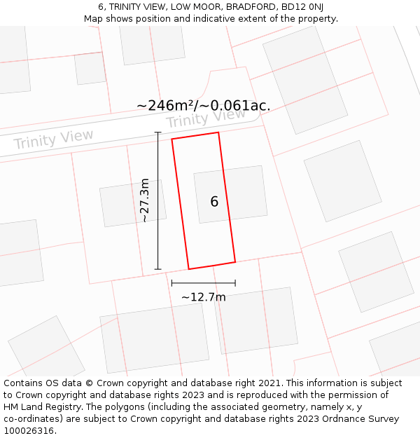 6, TRINITY VIEW, LOW MOOR, BRADFORD, BD12 0NJ: Plot and title map