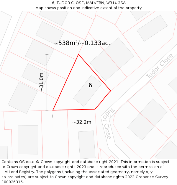 6, TUDOR CLOSE, MALVERN, WR14 3SA: Plot and title map