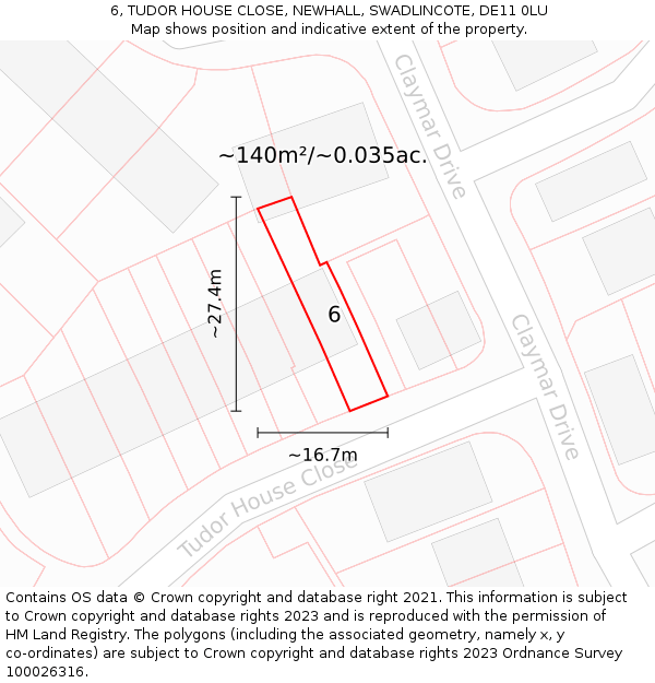 6, TUDOR HOUSE CLOSE, NEWHALL, SWADLINCOTE, DE11 0LU: Plot and title map