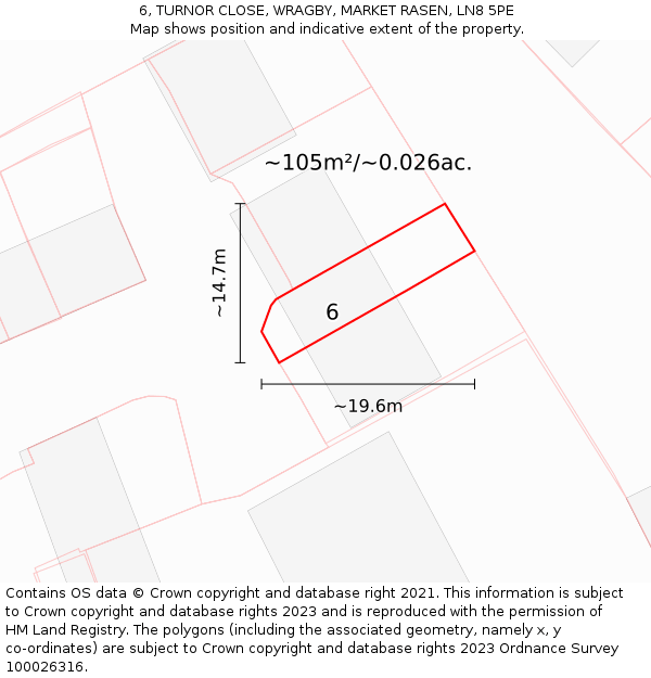 6, TURNOR CLOSE, WRAGBY, MARKET RASEN, LN8 5PE: Plot and title map