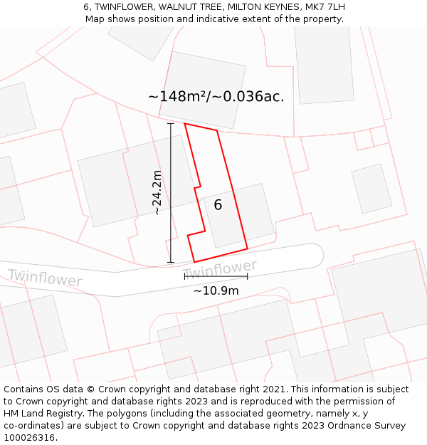 6, TWINFLOWER, WALNUT TREE, MILTON KEYNES, MK7 7LH: Plot and title map