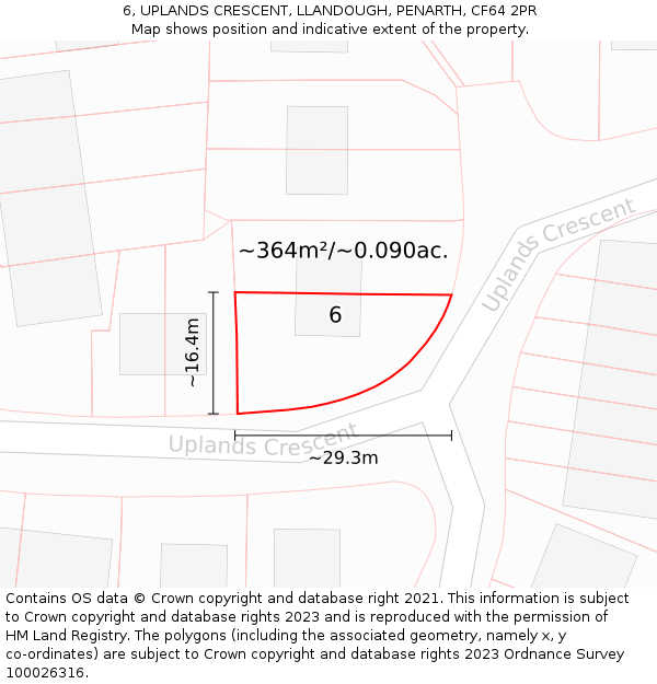 6, UPLANDS CRESCENT, LLANDOUGH, PENARTH, CF64 2PR: Plot and title map