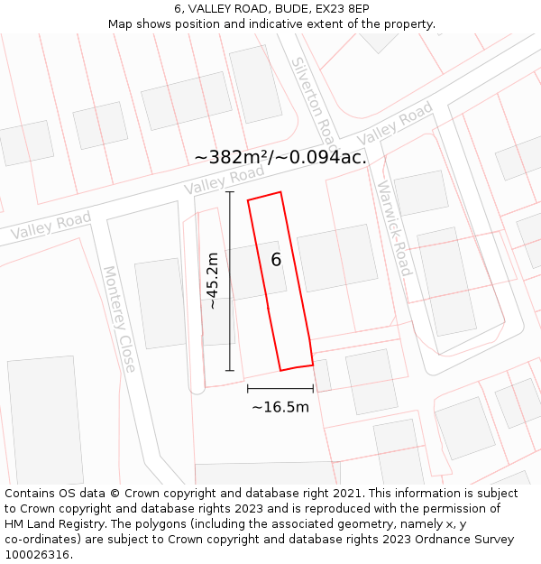 6, VALLEY ROAD, BUDE, EX23 8EP: Plot and title map