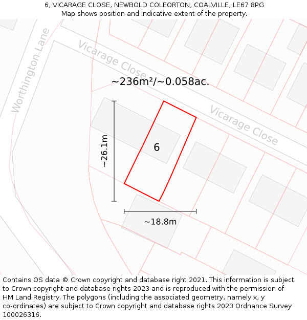 6, VICARAGE CLOSE, NEWBOLD COLEORTON, COALVILLE, LE67 8PG: Plot and title map