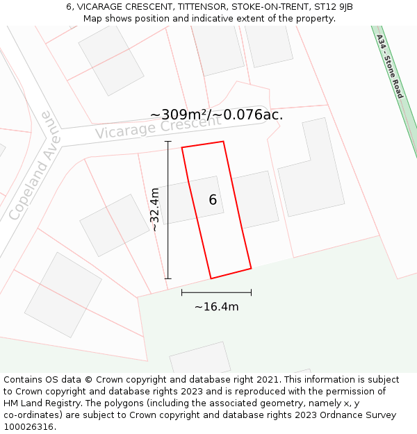6, VICARAGE CRESCENT, TITTENSOR, STOKE-ON-TRENT, ST12 9JB: Plot and title map