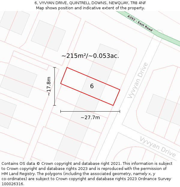 6, VYVYAN DRIVE, QUINTRELL DOWNS, NEWQUAY, TR8 4NF: Plot and title map
