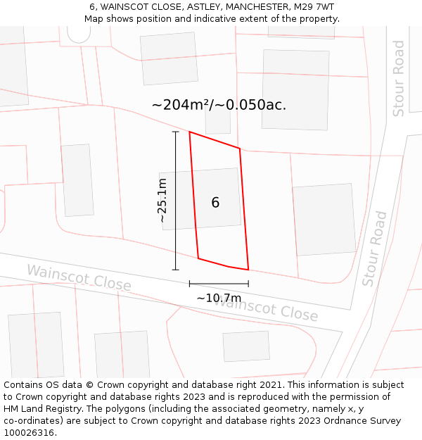 6, WAINSCOT CLOSE, ASTLEY, MANCHESTER, M29 7WT: Plot and title map