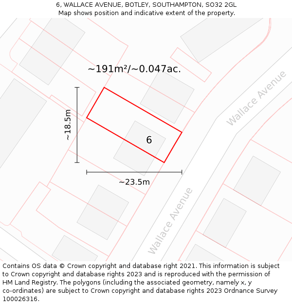 6, WALLACE AVENUE, BOTLEY, SOUTHAMPTON, SO32 2GL: Plot and title map